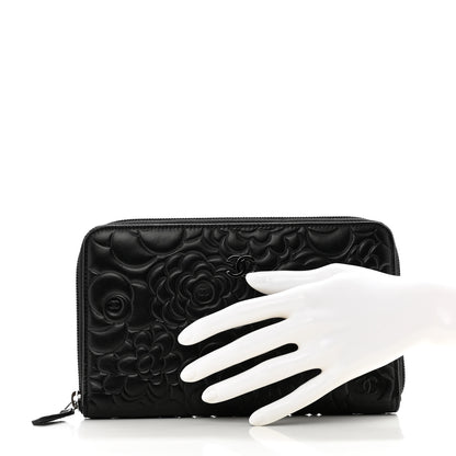 Chanel Lambskin Camellia Embossed Zip Around Organizer Wallet Black 2 of 9