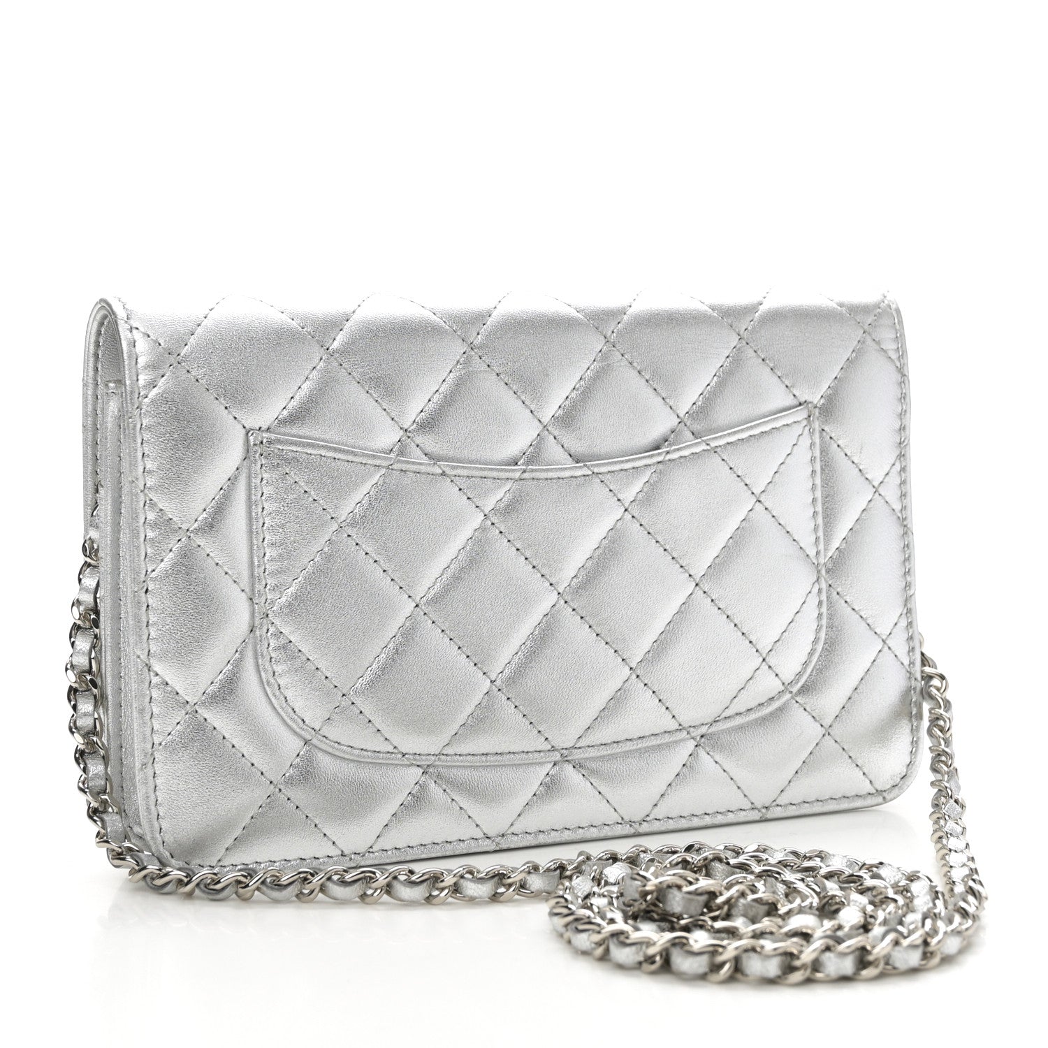 Chanel Metallic Lambskin Quilted Wallet On Chain WOC Silver 3 of 12