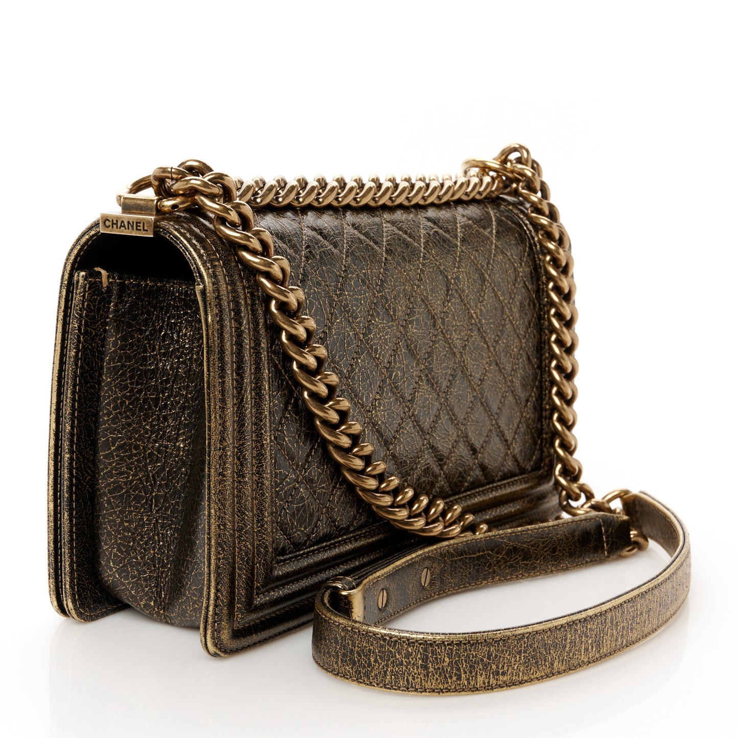 Cracked Metallic Calfskin Quilted Medium Boy Flap Gold