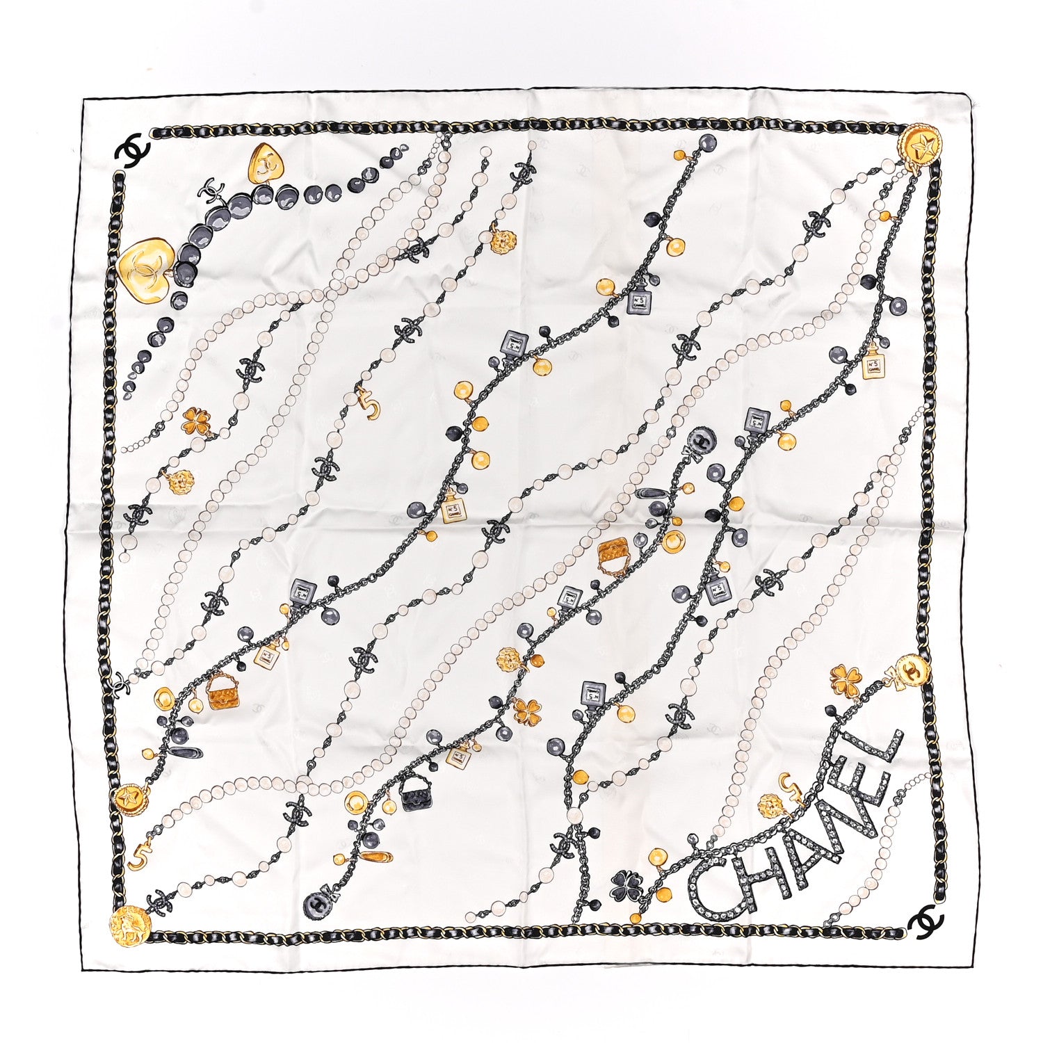 Chanel Silk CC Logo Charms Scarf White Gold Black 1 of 3