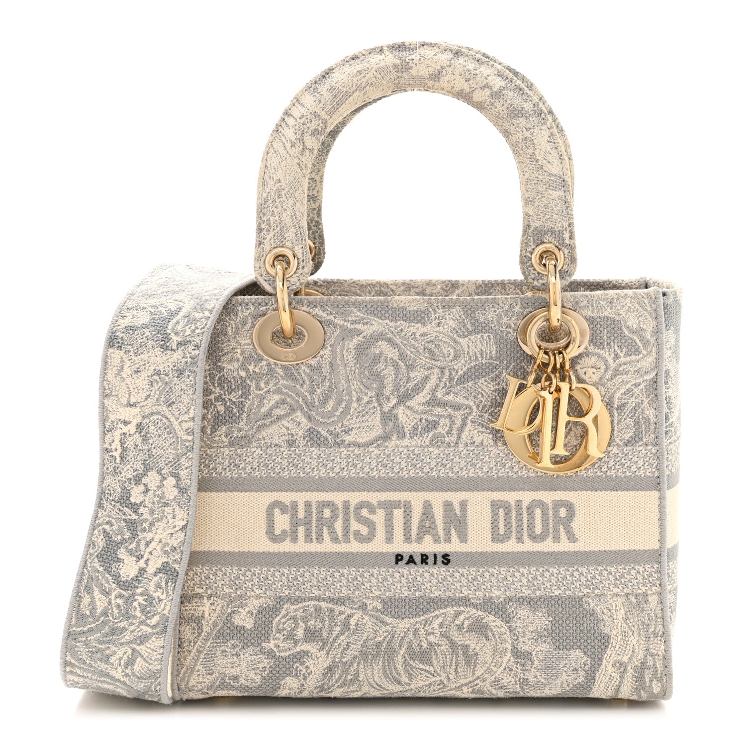 Christian Dior Canvas Toile De Jouy Reverse Embroidered Medium Lady D-Lite Gray 1 of 12