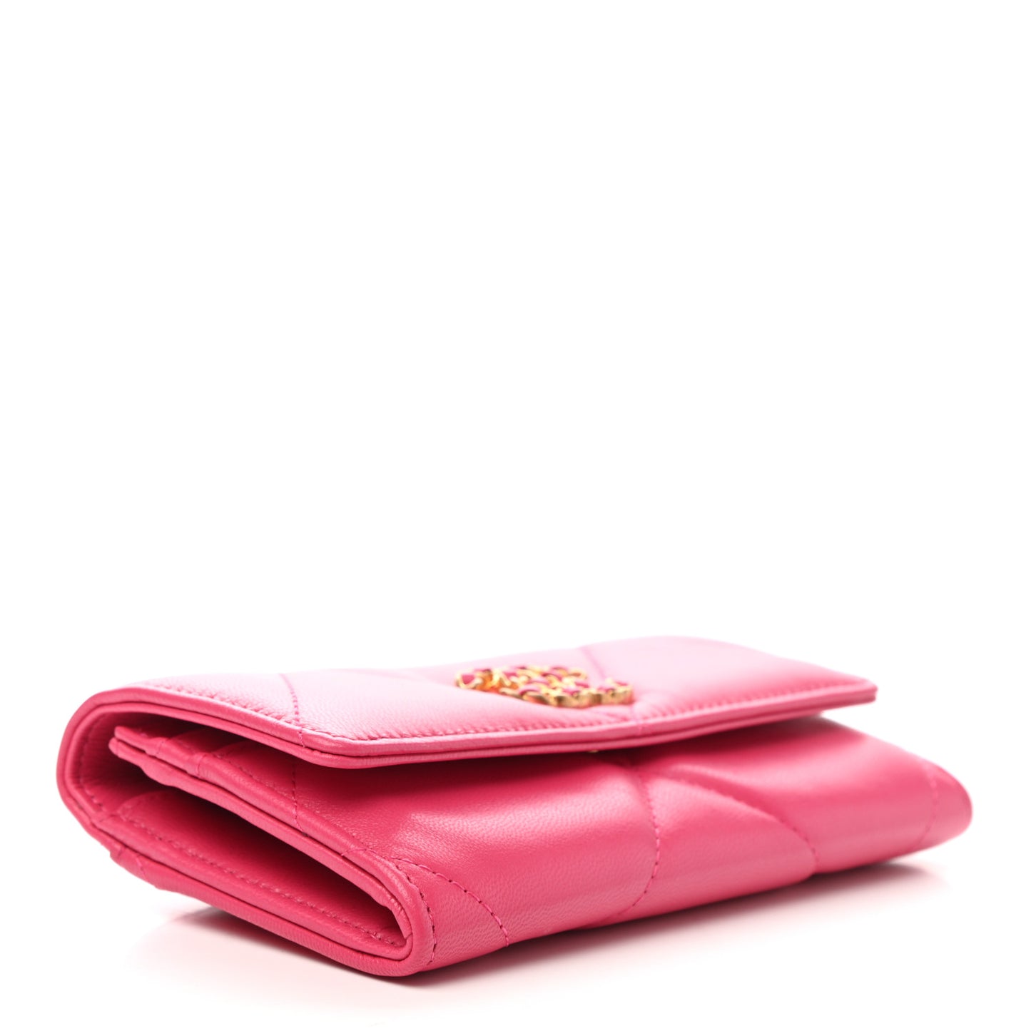 Shiny Goatskin Quilted Chanel 19 Flap Wallet Dark Pink
