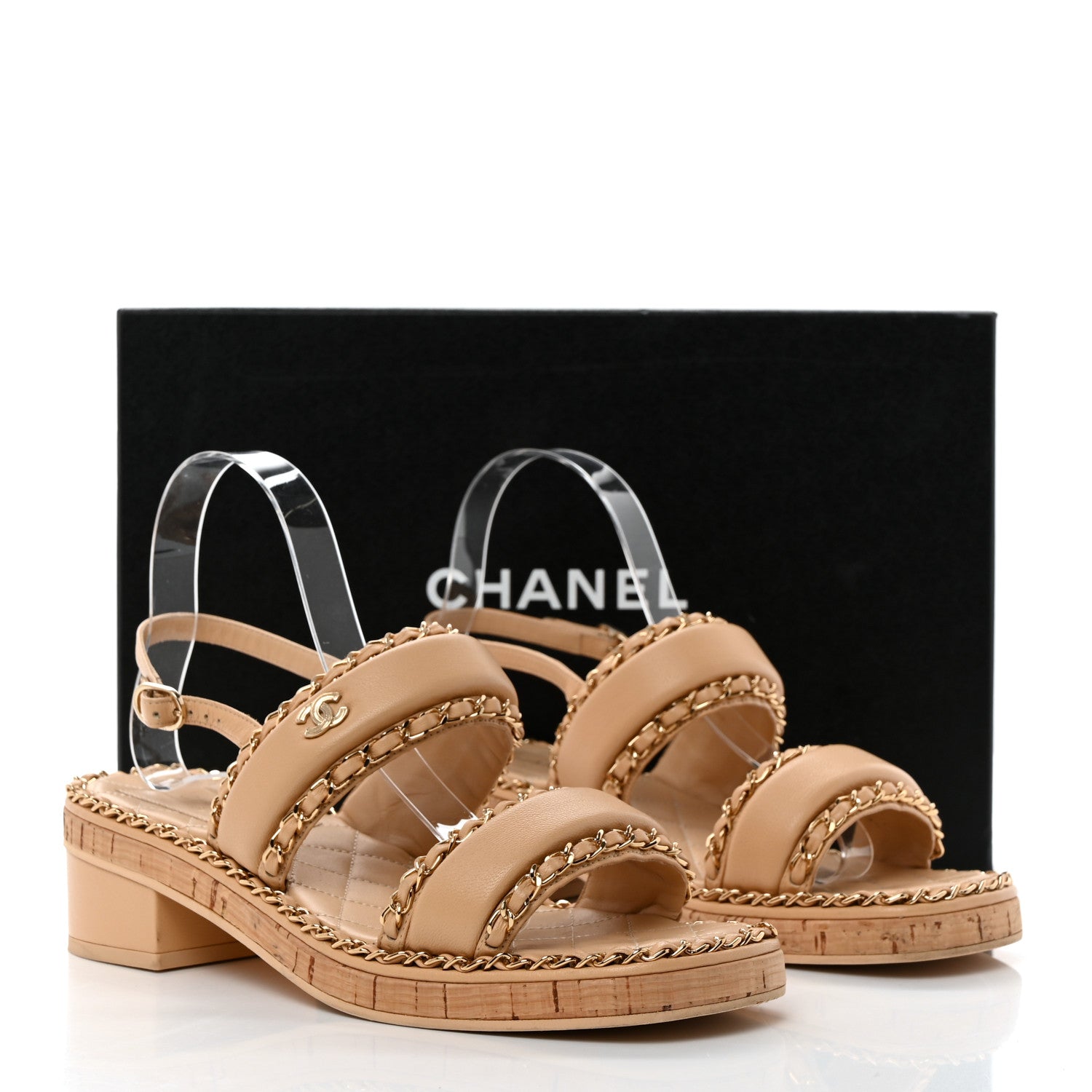 Chanel Lambskin Cork Chain Sandals 39 Beige 9 of 9