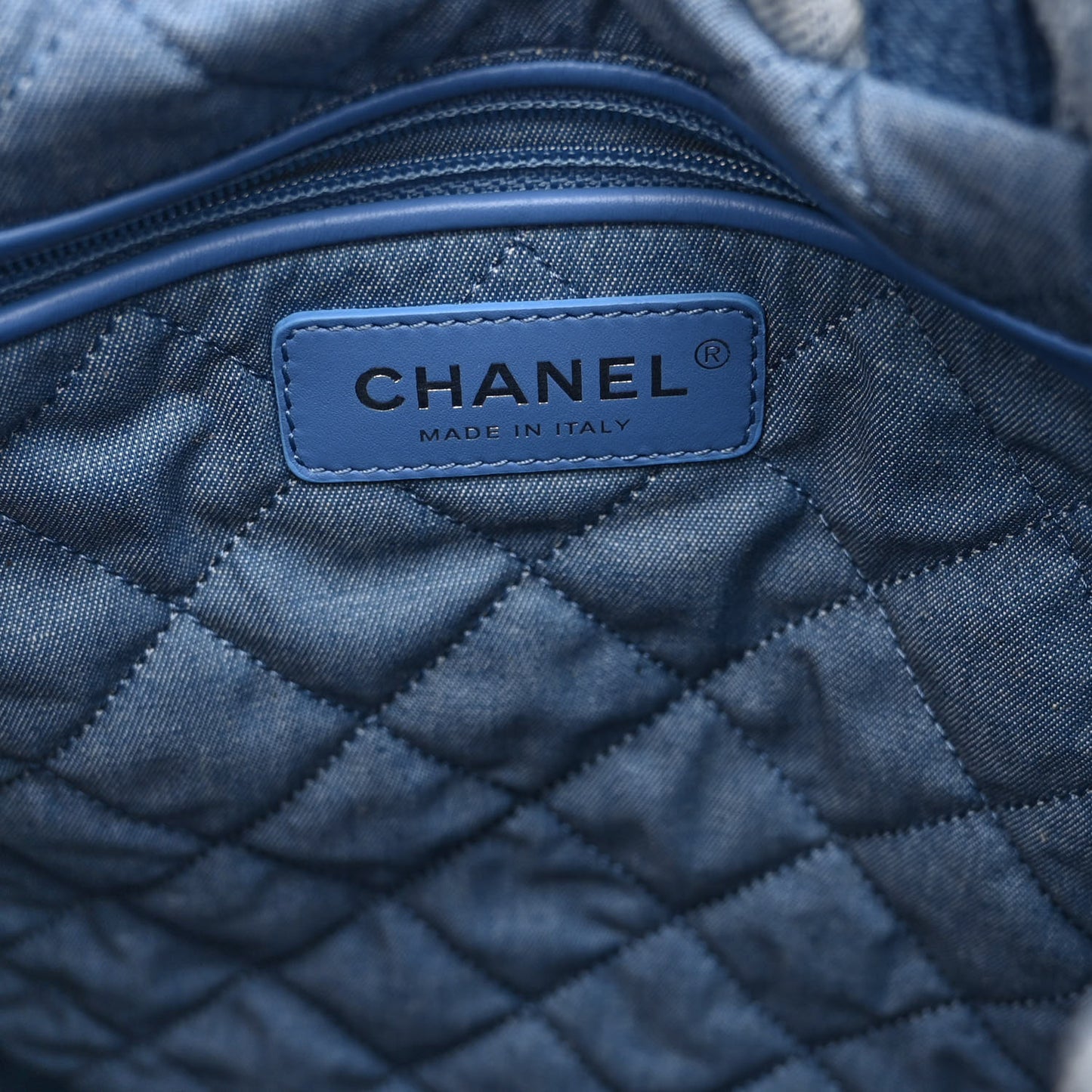 Denim Quilted Chanel 22 Backpack Blue