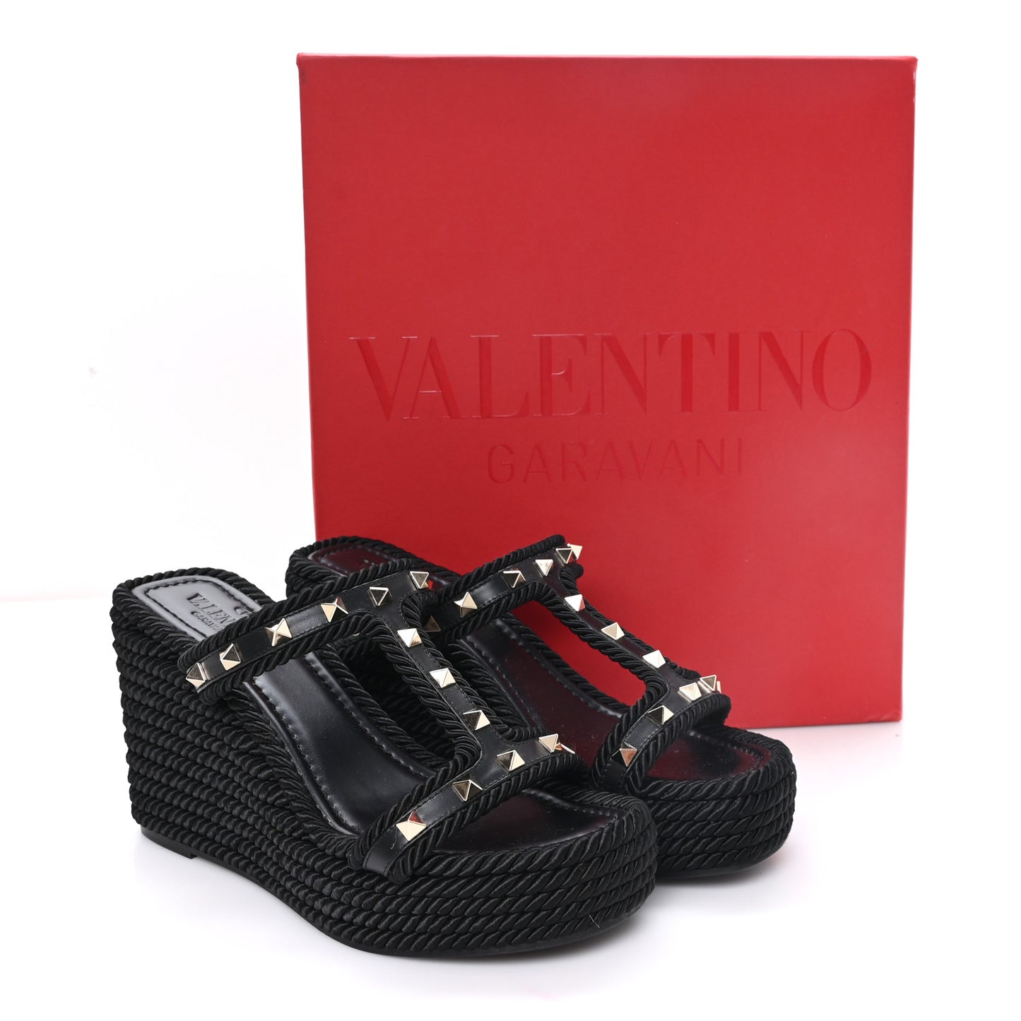 Calfskin Rockstud Torchon Espadrille Caged 25/90mm Wedge Sandals 38 Black