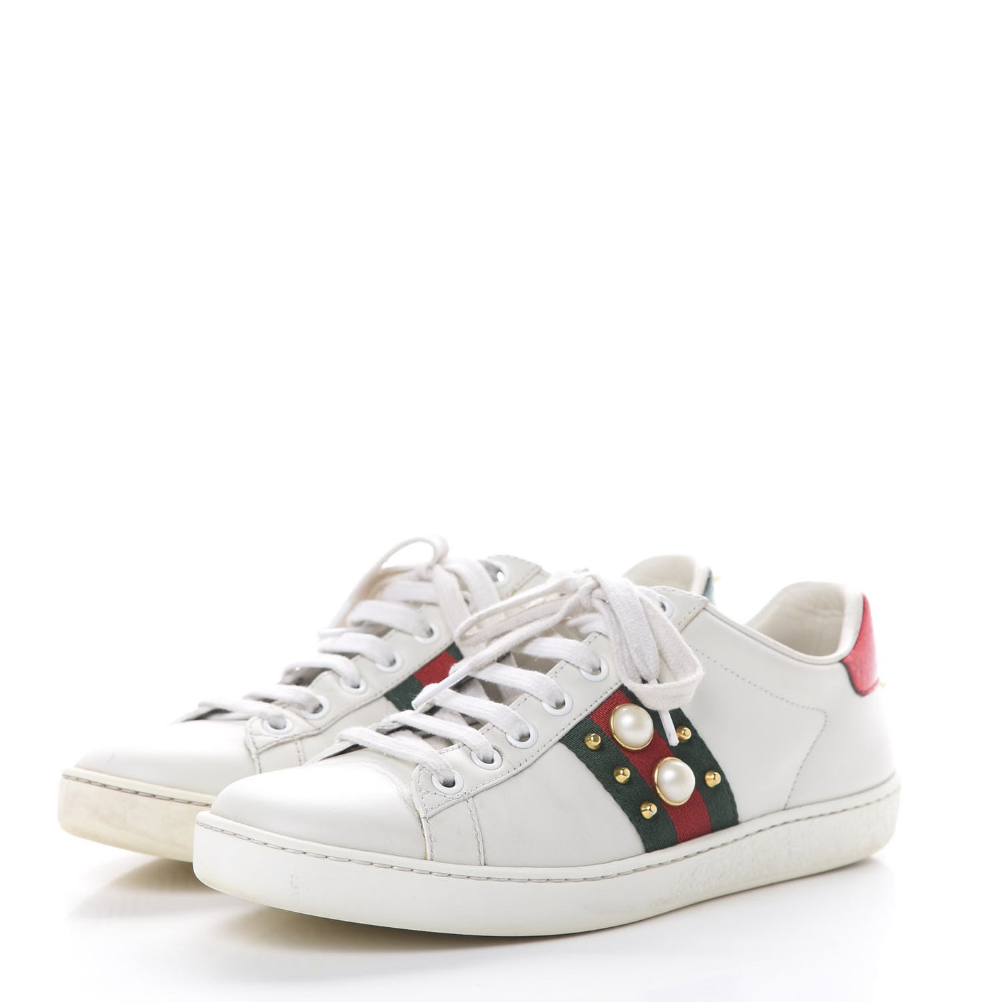 Calfskin Web Pearl Studded Womens Ace Sneakers 36.5 White