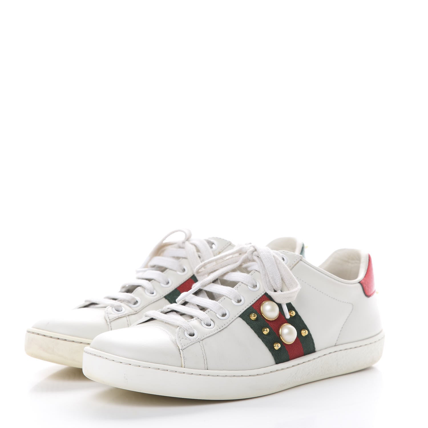 Gucci Calfskin Web Pearl Studded Womens Ace Sneakers 36.5 White 3 of 14