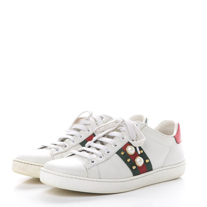Gucci Calfskin Web Pearl Studded Womens Ace Sneakers 36.5 White 3 of 14