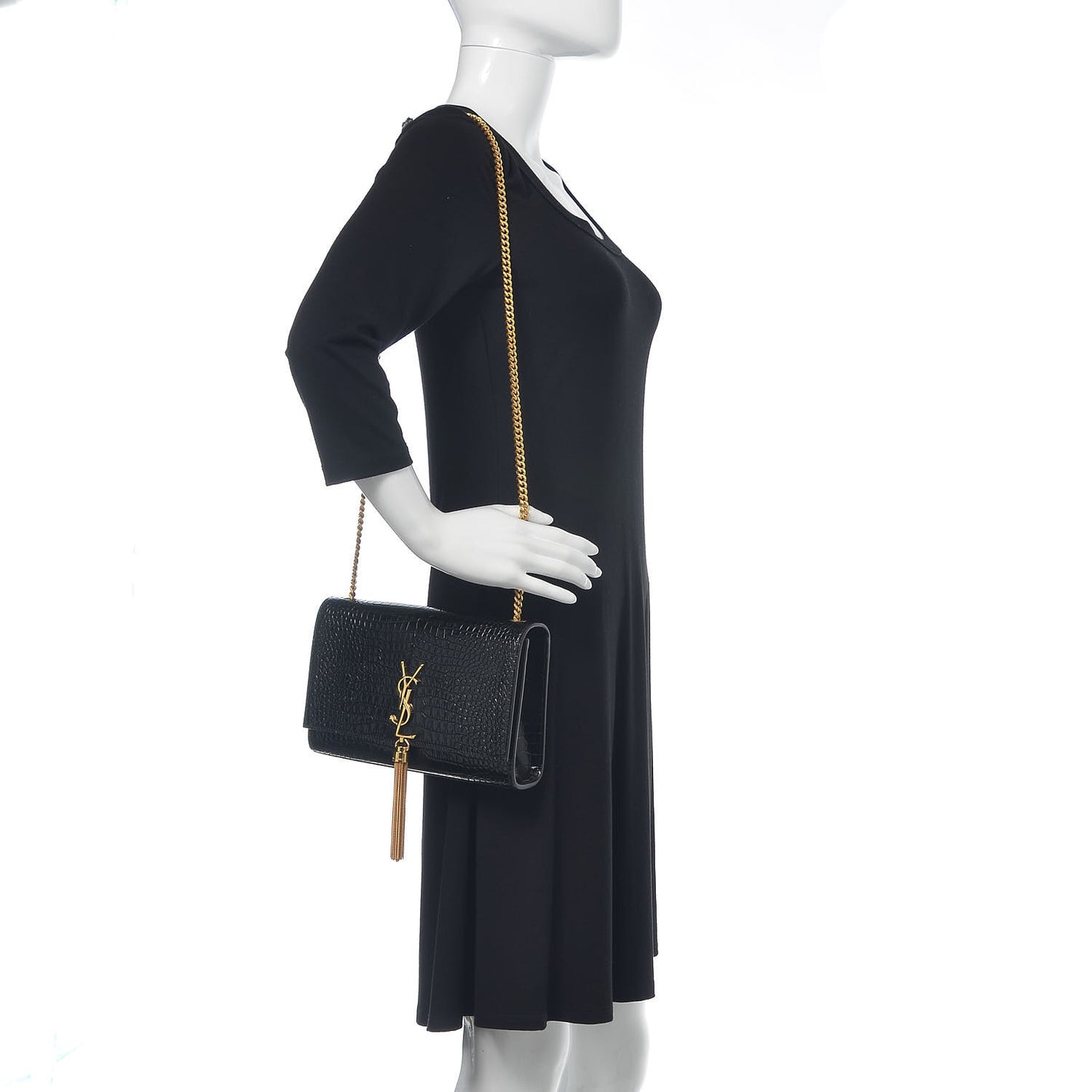 Calfskin Crocodile Embossed Medium Classic Monogram Kate Tassel Satchel Black