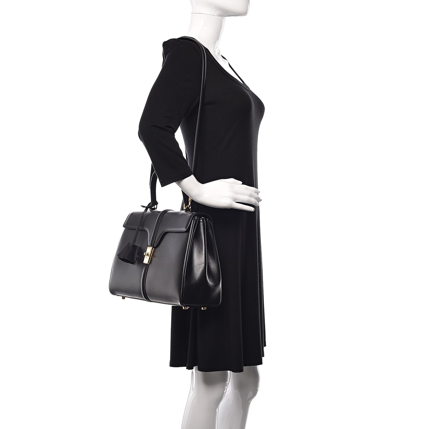 Satinated Calfskin Medium 16 Top Handle Bag Black