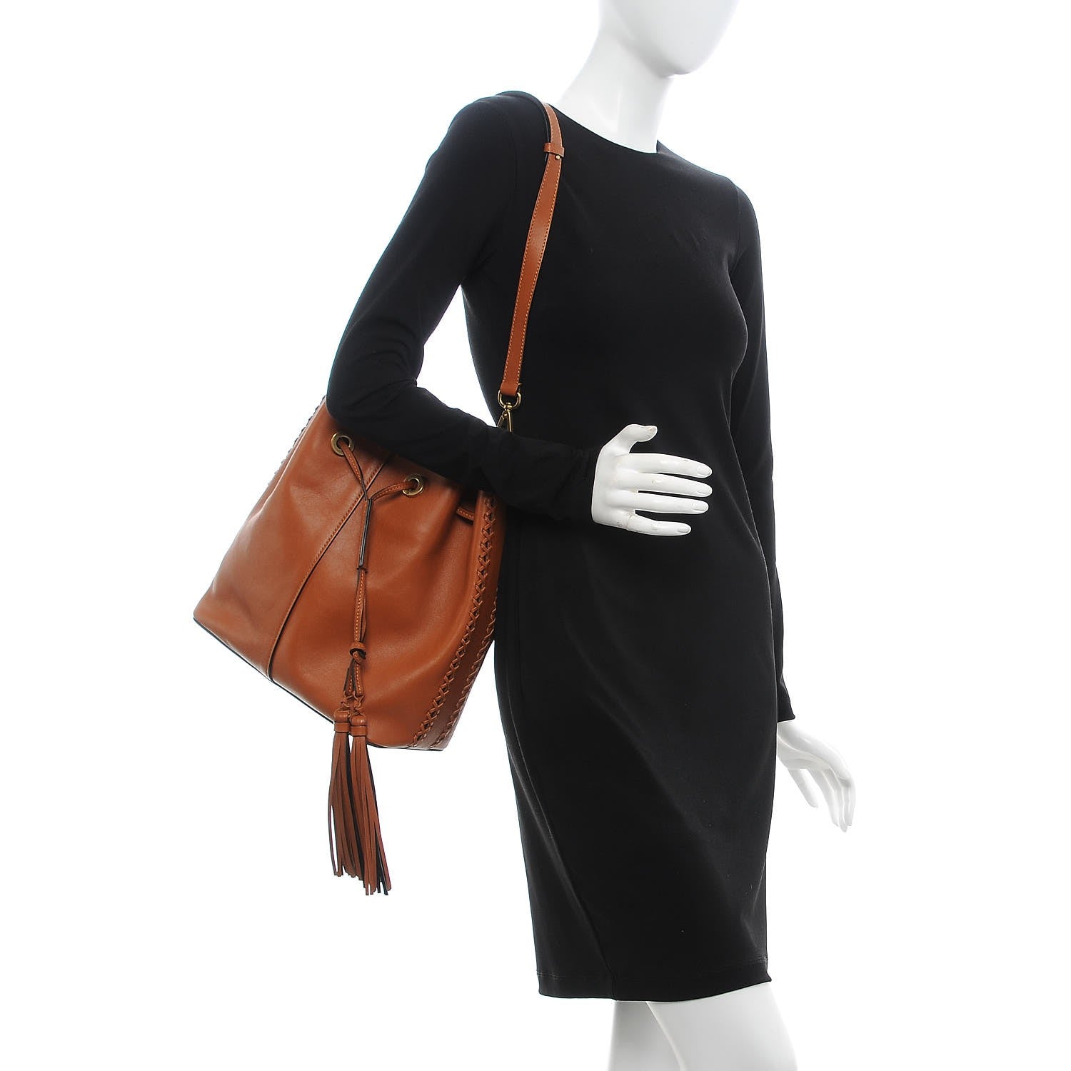 Chloe Calfskin Medium Gala Cross-Stitch Bucket Bag Caramel 3 of 9