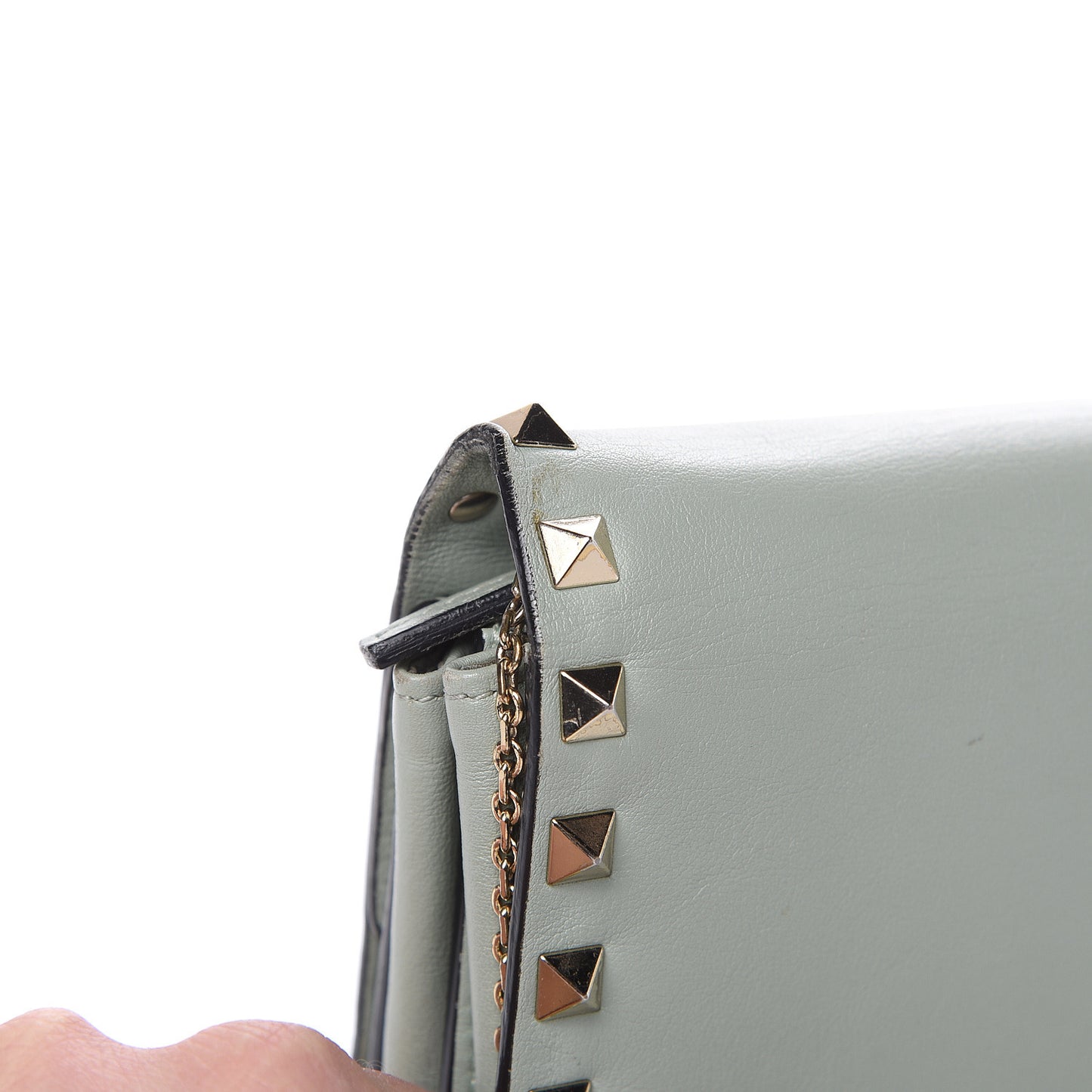Calfskin Rockstud Wallet on Chain Water Green
