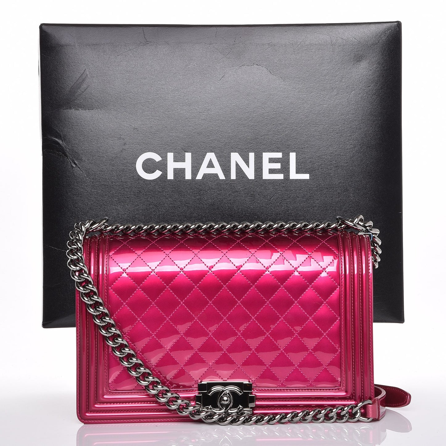 Metallic Patent Quilted New Medium Boy Flap Fuchsia