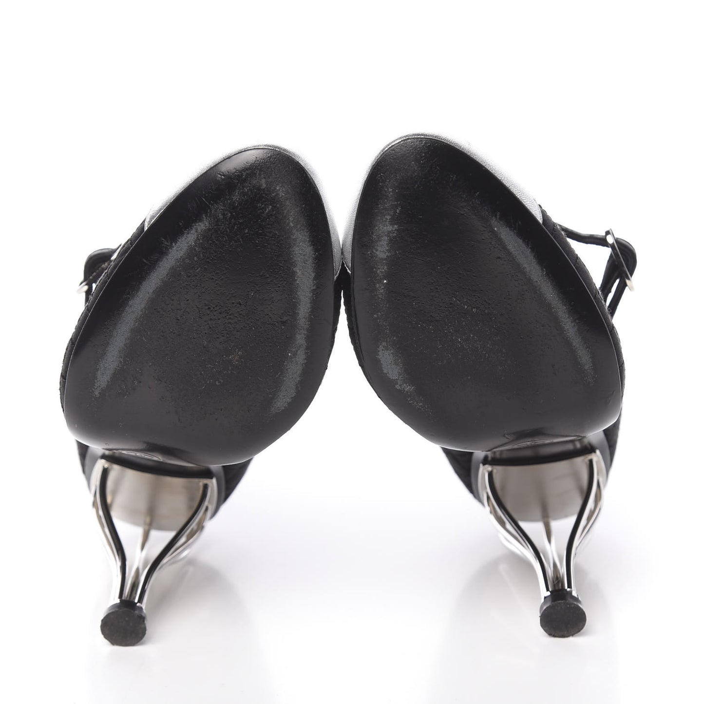 Satin Quilted Metallic Calfskin Cap Toe Mary Jane Pumps 38.5 Black