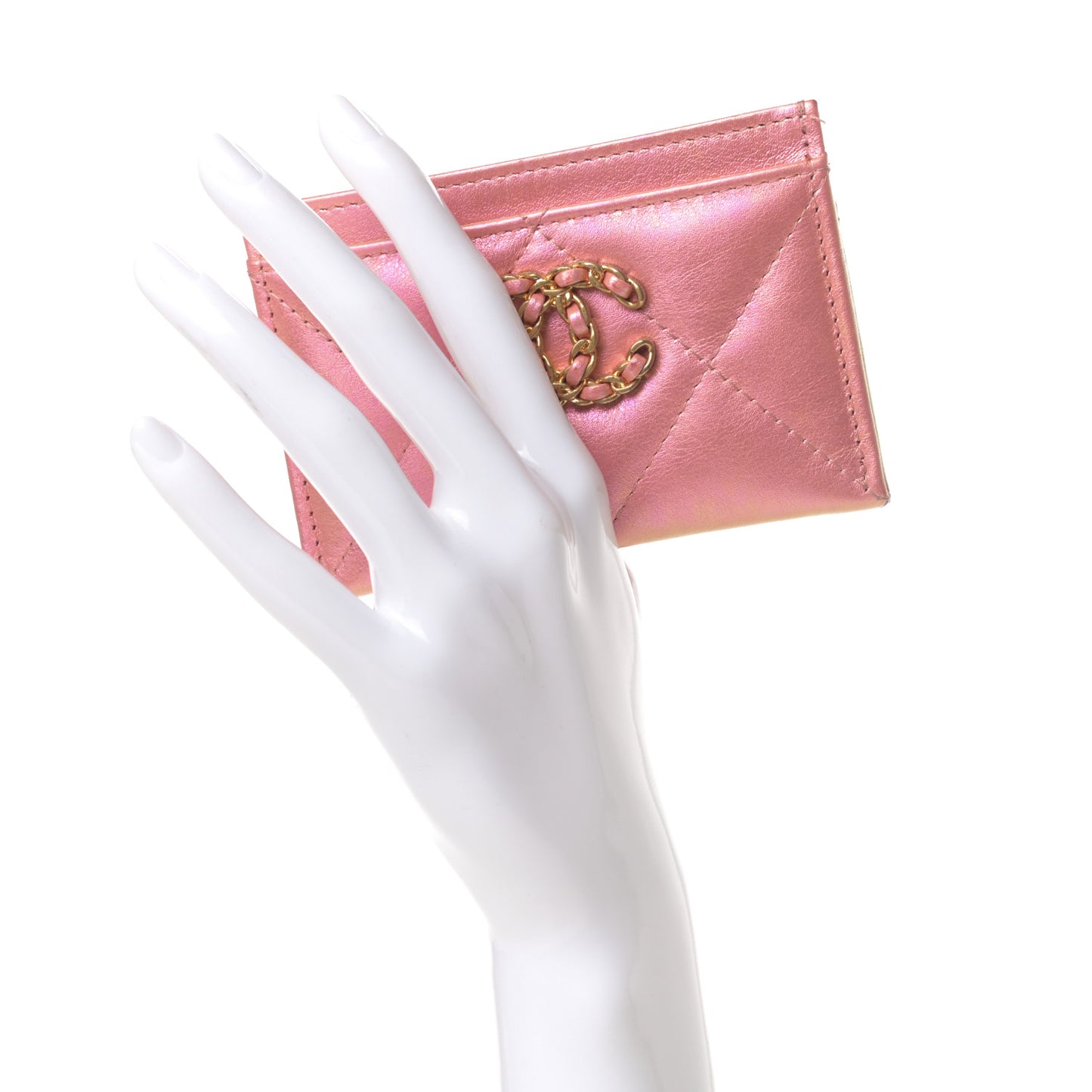 Iridescent Calfskin Quilted Chanel 19 Card Holder Pink