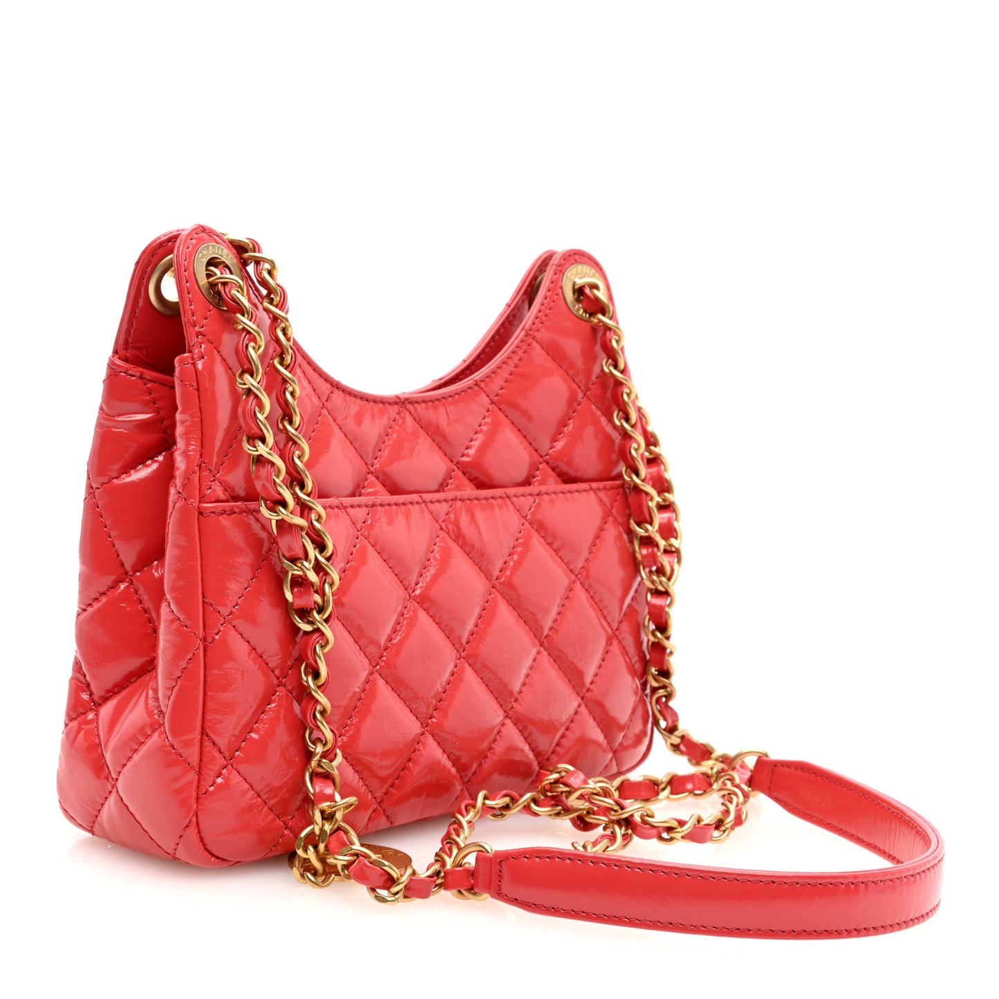 Shiny Crumpled Calfskin Quilted Small Wavy CC Hobo Red
