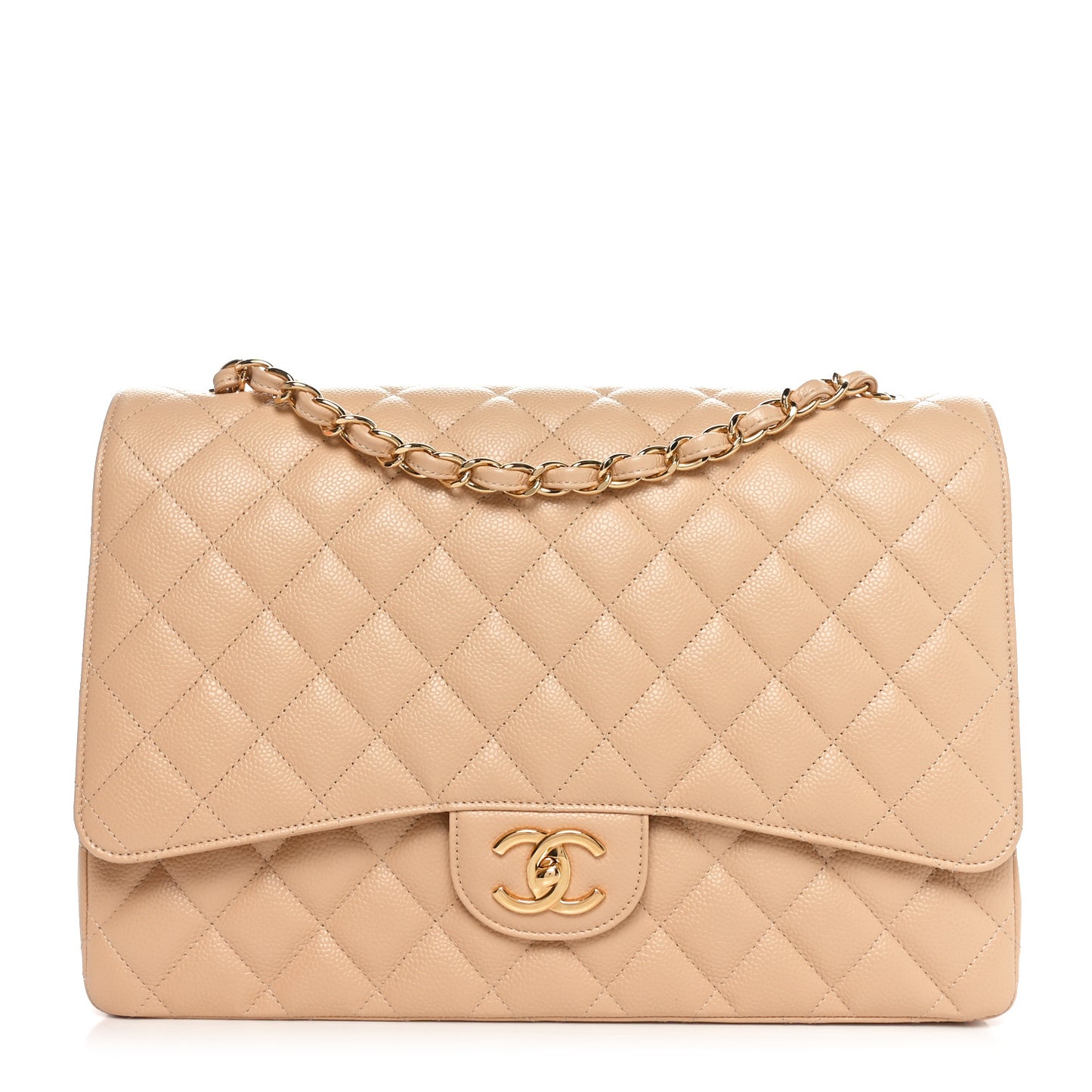 Caviar Quilted Maxi Double Flap Beige