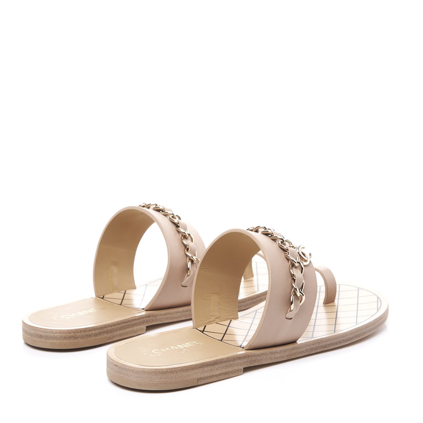 Calfskin Chain CC Logo Toe Ring Sandals 37 Beige