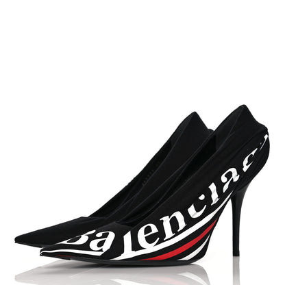 Balenciaga Jersey Crepe Political Campaign Logo Knife 115 Pointed Pumps 36 Black White Rouge 3 of 7