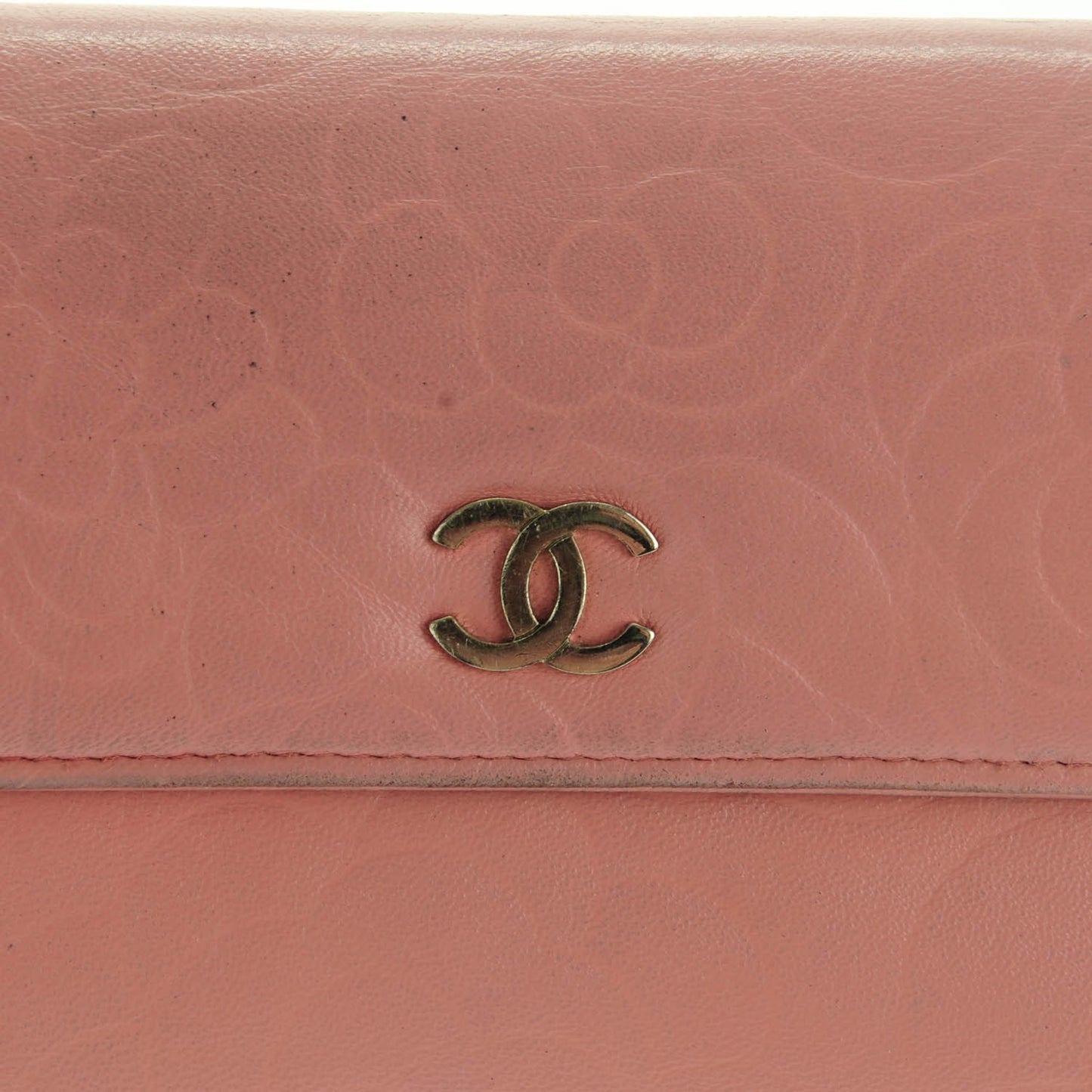 Lambskin Embossed Camellia Large Gusset Flap Wallet Pink