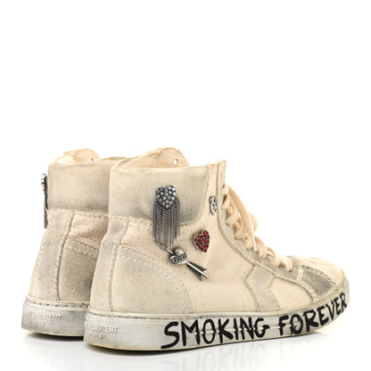 Saint Laurent Distressed Canvas Smoking Forever High Top Sneakers 35.5 Milk Panna 4 of 9
