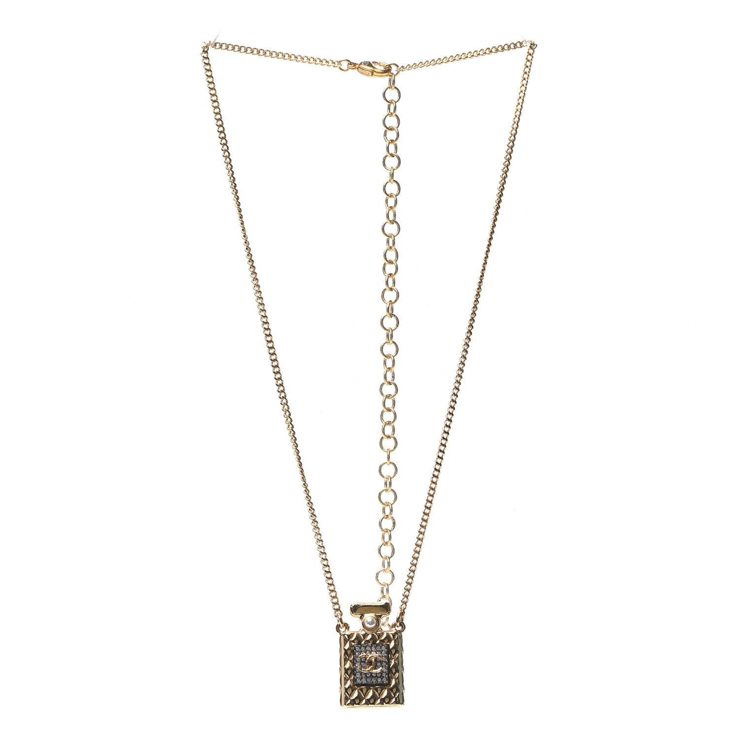 Chanel Crystal Pearl Perfume Bottle CC Necklace Black Gold 2 of 4