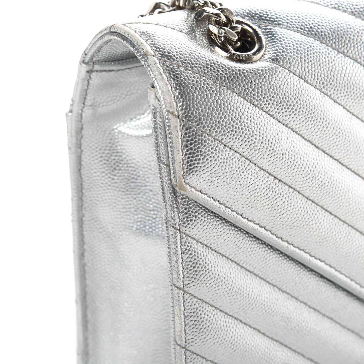 Metallic Grain De Poudre Matelasse Chevron Medium Monogram Satchel Silver