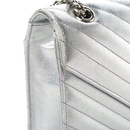 Saint Laurent Metallic Grain De Poudre Matelasse Chevron Medium Monogram Satchel Silver 15 of 17