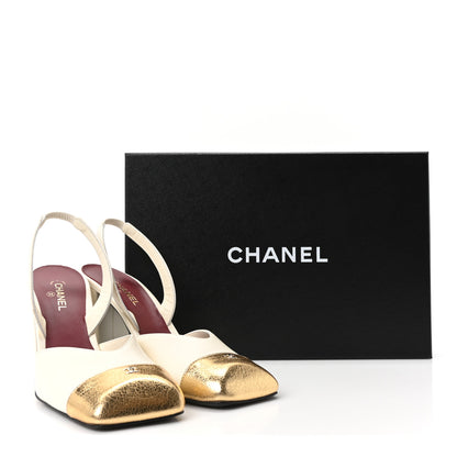 Chanel Lambskin Metallic Crackled Calfskin Square Cap Toe CC Slingback Pumps 38 Ivory Gold 10 of 10
