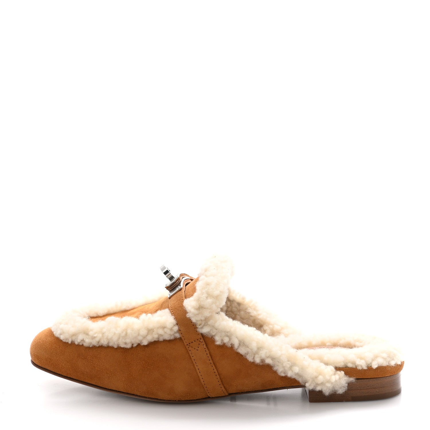 Hermes Suede Goatskin Woolskin Womens Oz Mules 37 Naturel 1 of 8
