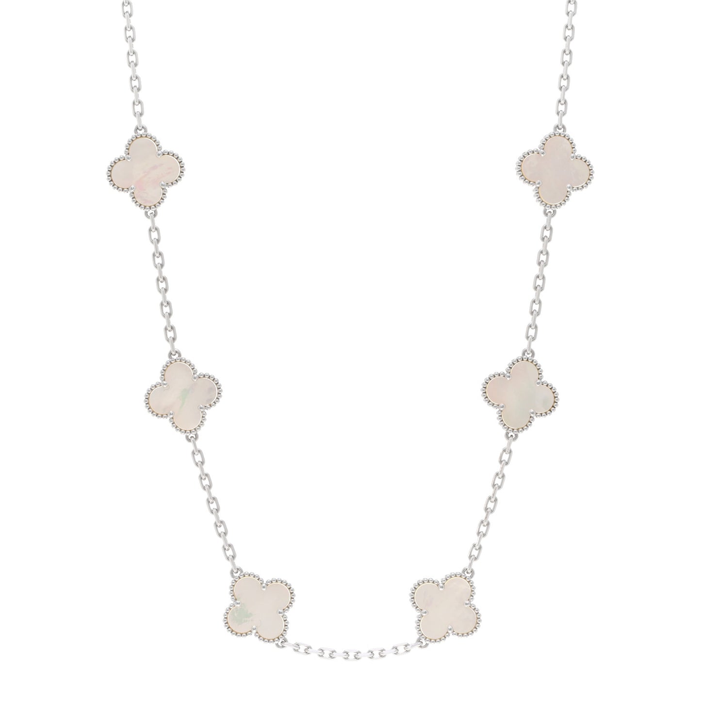 18K White Gold Mother of Pearl 10 Motifs Vintage Alhambra Necklace