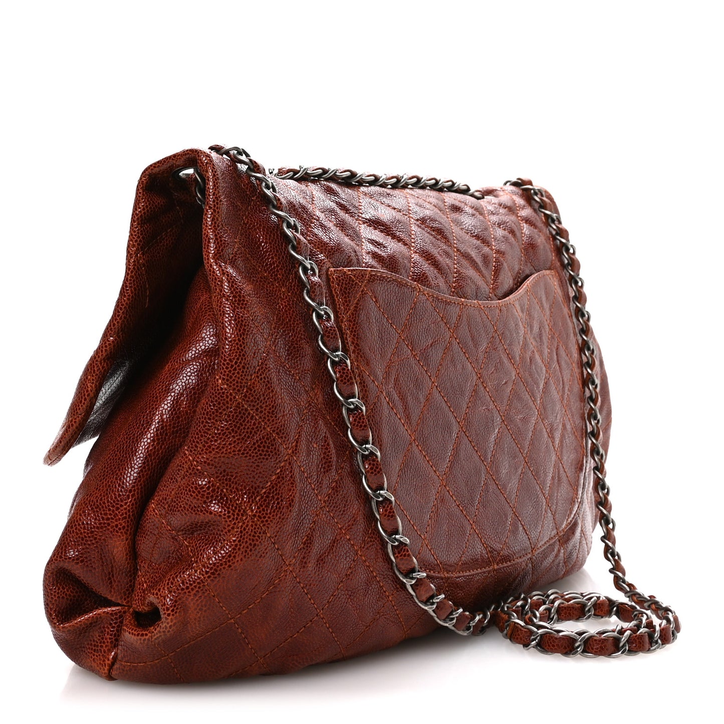 Crumpled Caviar Quilted Maxi Elastic Flap Light Brown