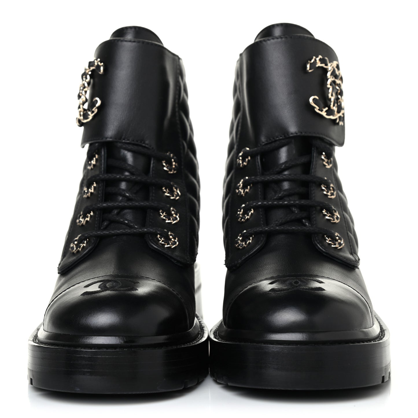 Shiny Lambskin Quilted Lace Up Combat Boots 37 Black