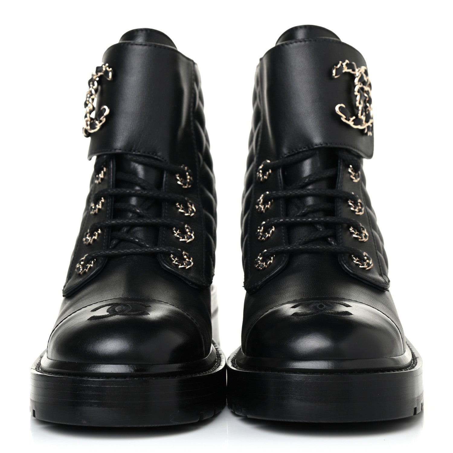 Chanel Shiny Lambskin Quilted Lace Up Combat Boots 37 Black 2 of 4