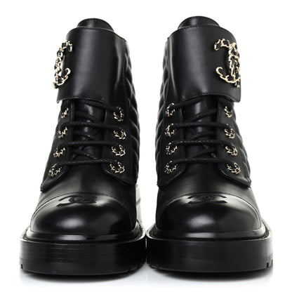 Chanel Shiny Lambskin Quilted Lace Up Combat Boots 37 Black 2 of 4