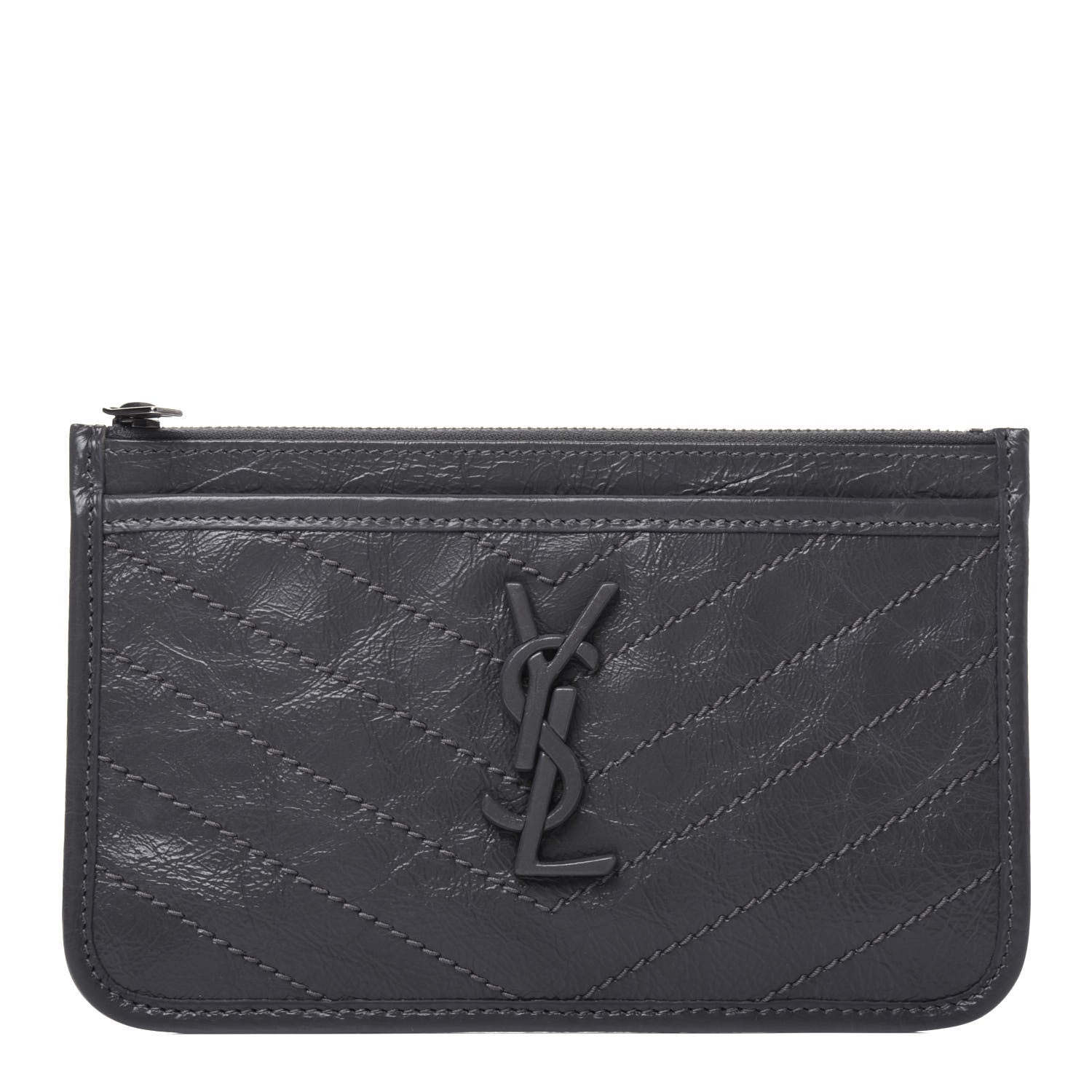 Saint Laurent Crinkled Calfskin Matelasse Monogram Niki Bill Pouch Storm 1 of 13