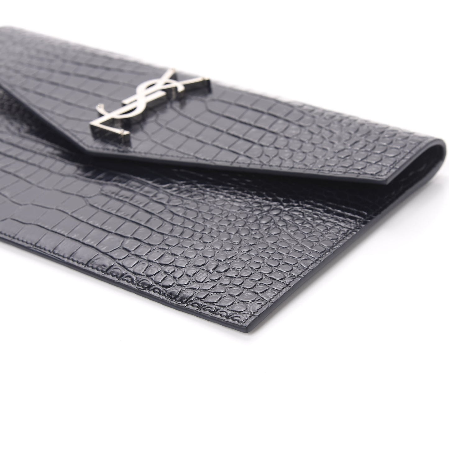 Calfskin Crocodile Embossed Uptown Monogram Clutch Deep Marine