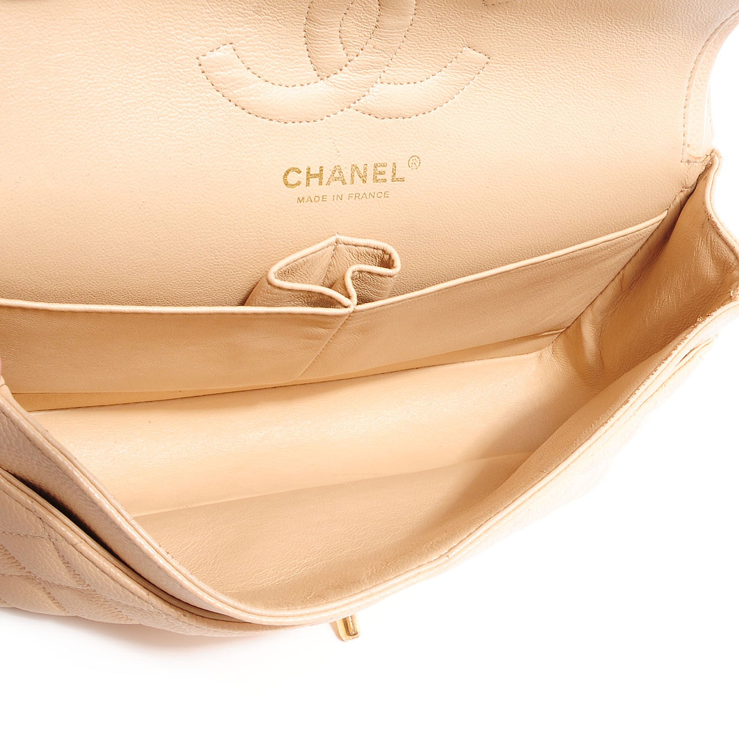 Caviar Quilted Medium Double Flap Beige Clair