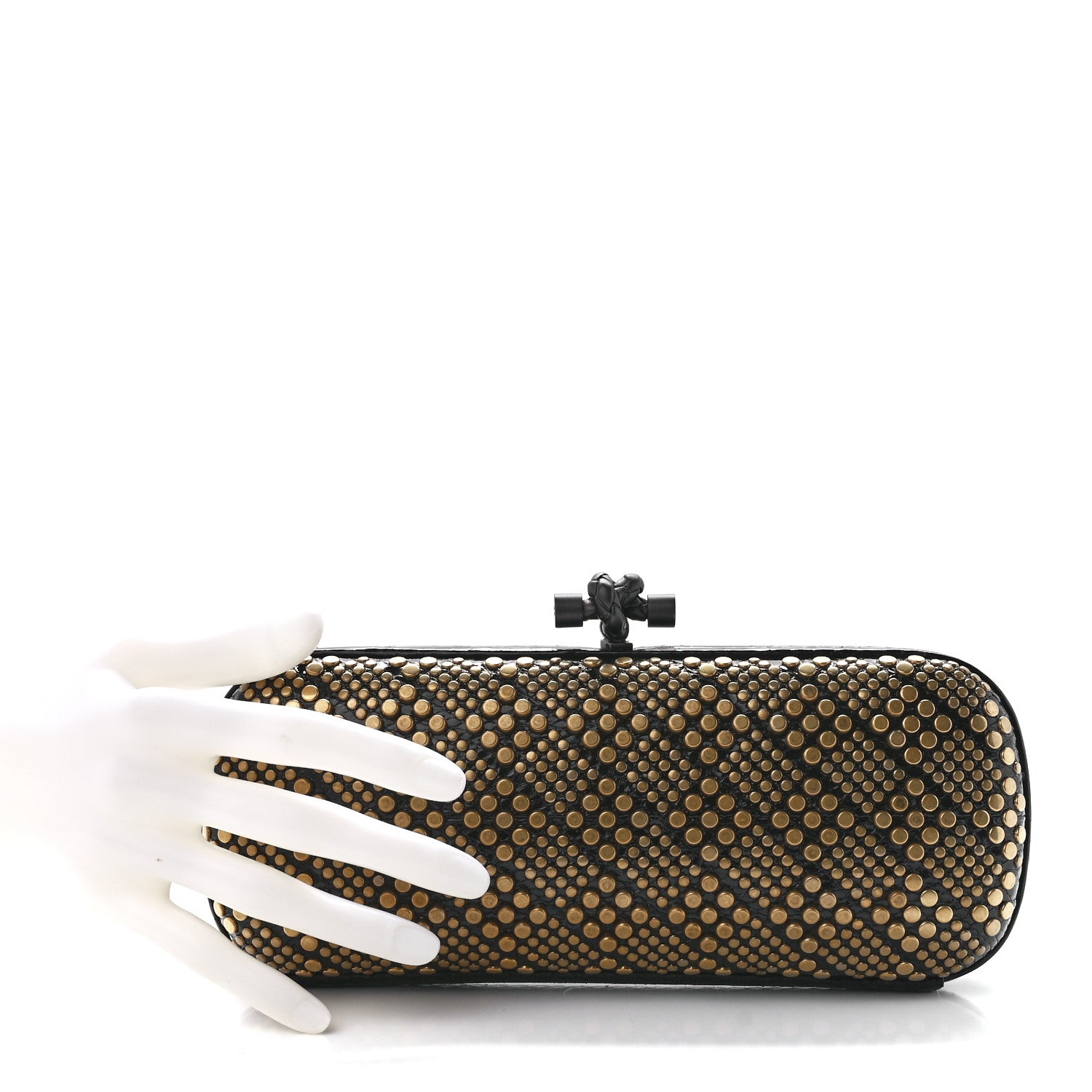 Bottega Veneta Snakeskin Studded Knot Clutch Black 2 of 10