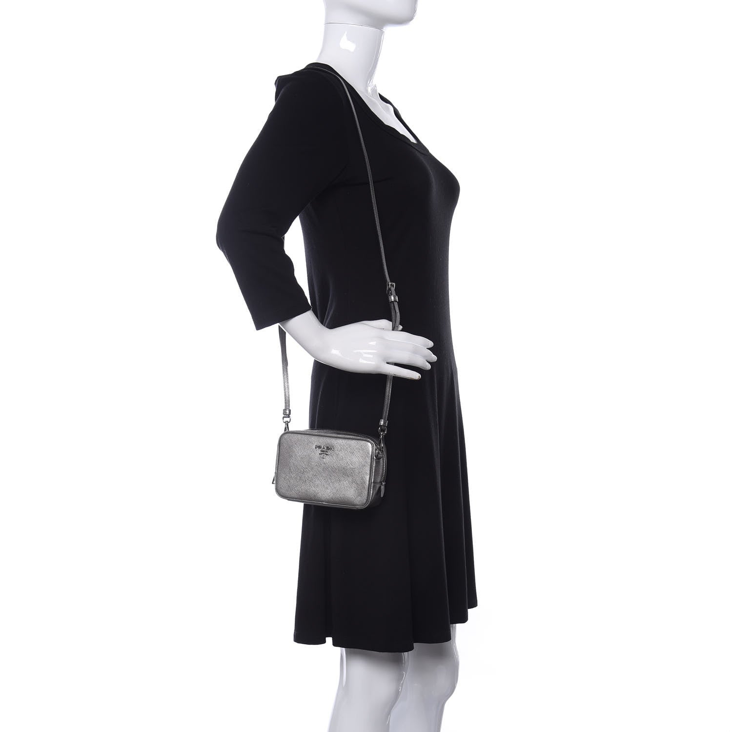 Prada Metallic Saffiano Lux Mini Camera Crossbody Bag Cromo 2 of 9