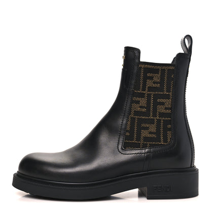 Fendi Vitello Fabric Jacquard FF Filo Chelsea Boots 38 Black Tobacco 1 of 8