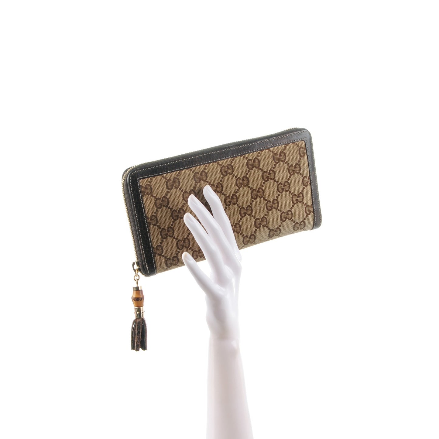 Monogram Calfskin Bamboo Tassel Zip Around Wallet Beige Ebony Chocolate