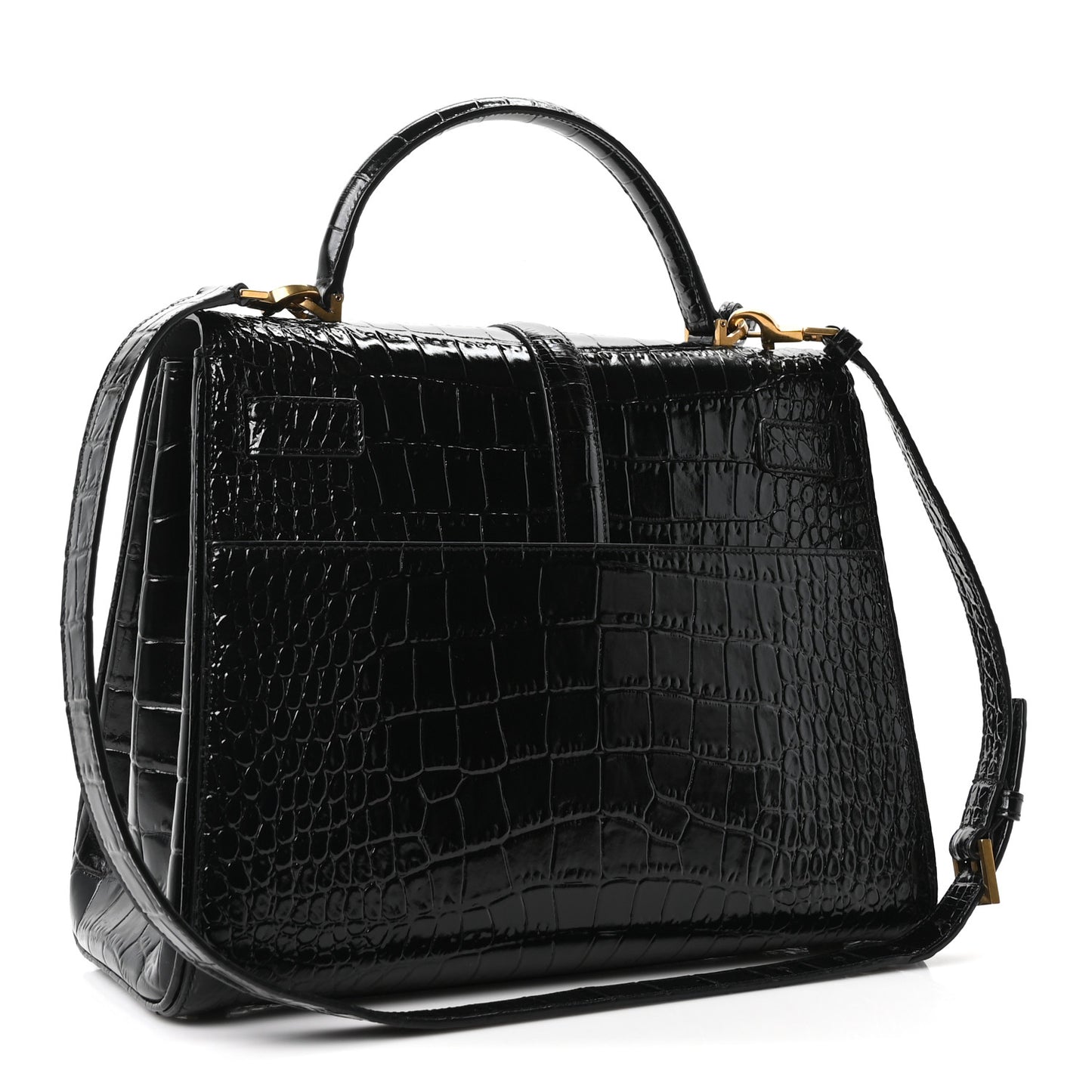 Shiny Calfskin Crocodile Embossed Le Fermoir Top Handle Bag Black