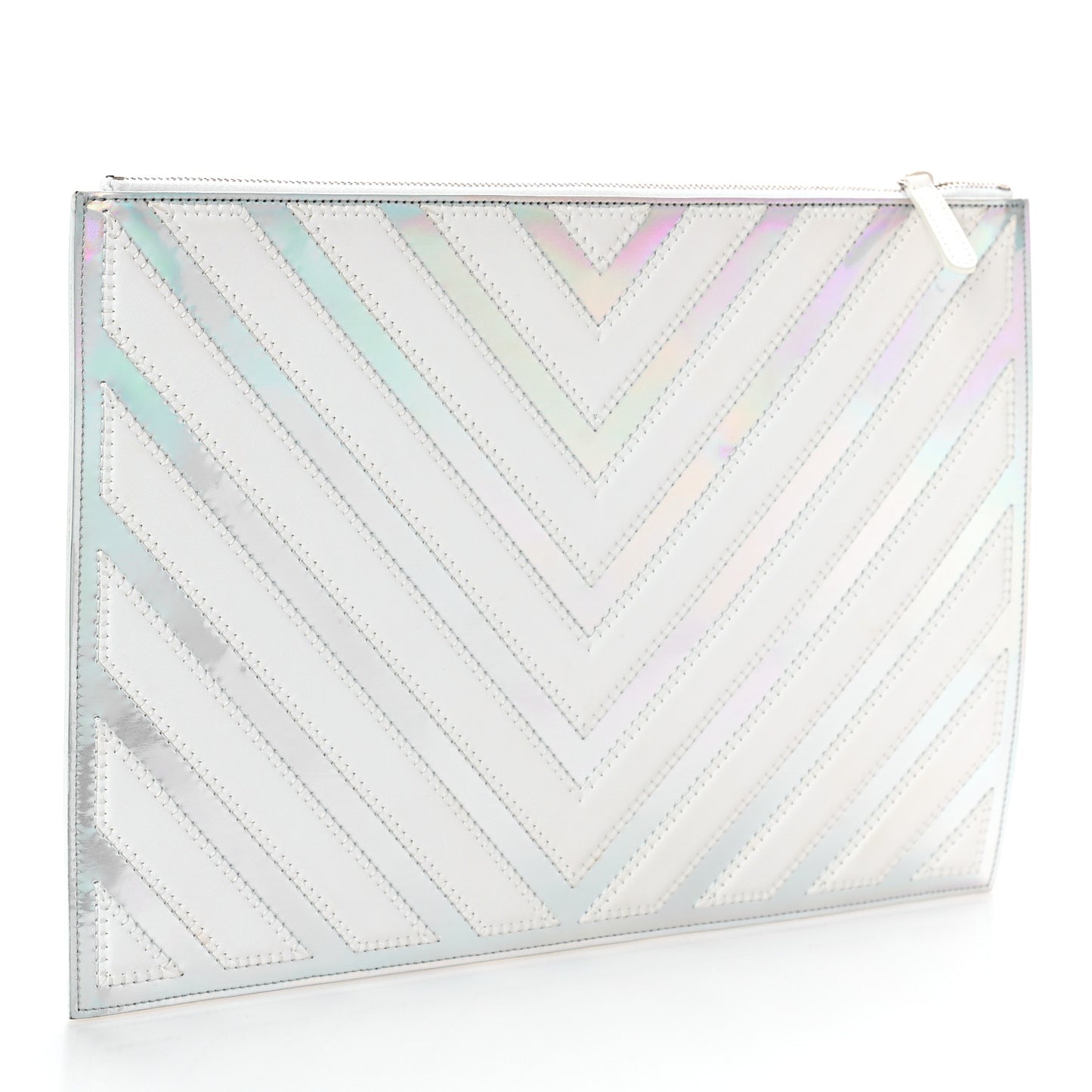 Lambskin Metallic Chevron Zip Pouch White Silver