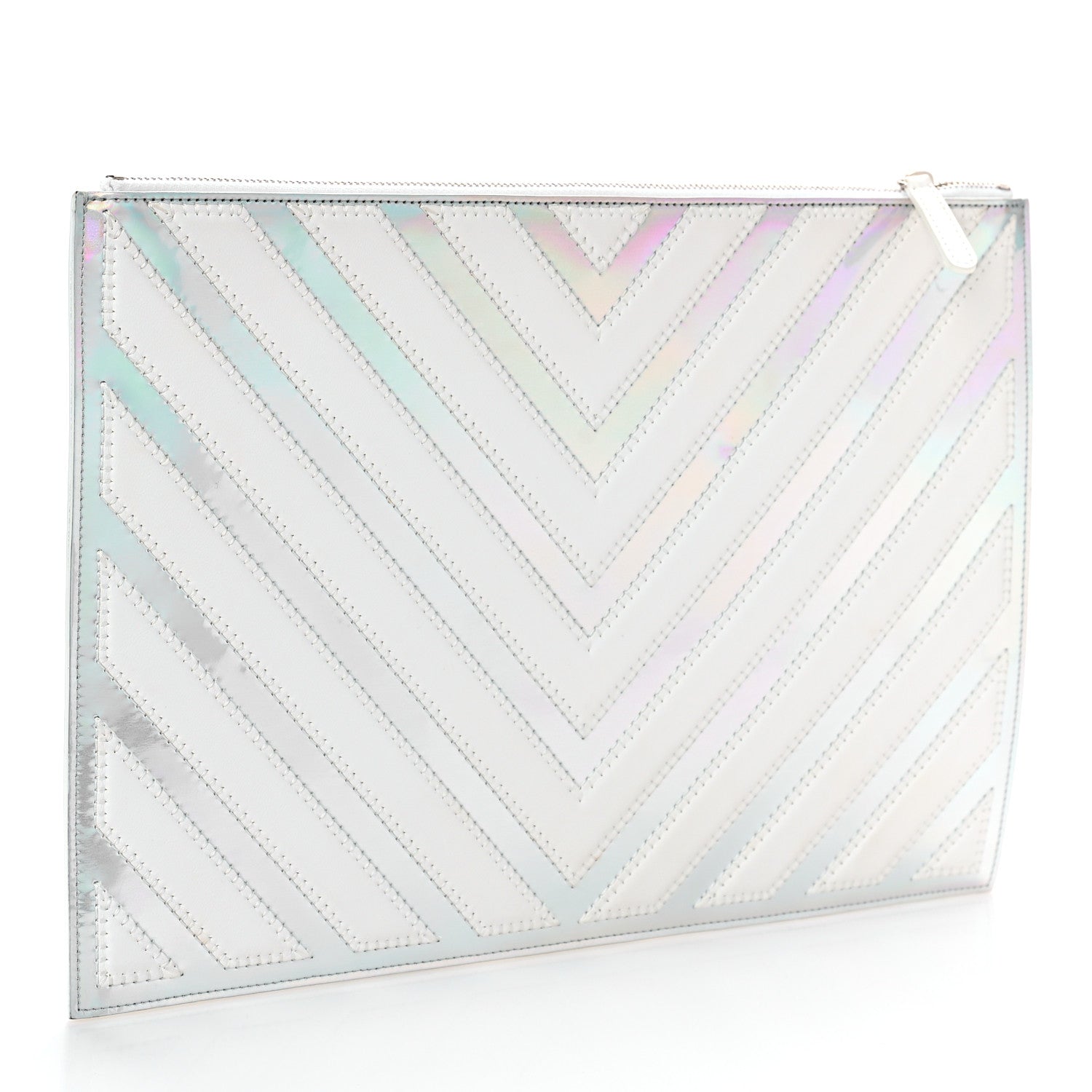 Chanel Lambskin Metallic Chevron Zip Pouch White Silver 3 of 9