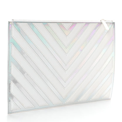 Chanel Lambskin Metallic Chevron Zip Pouch White Silver 3 of 9
