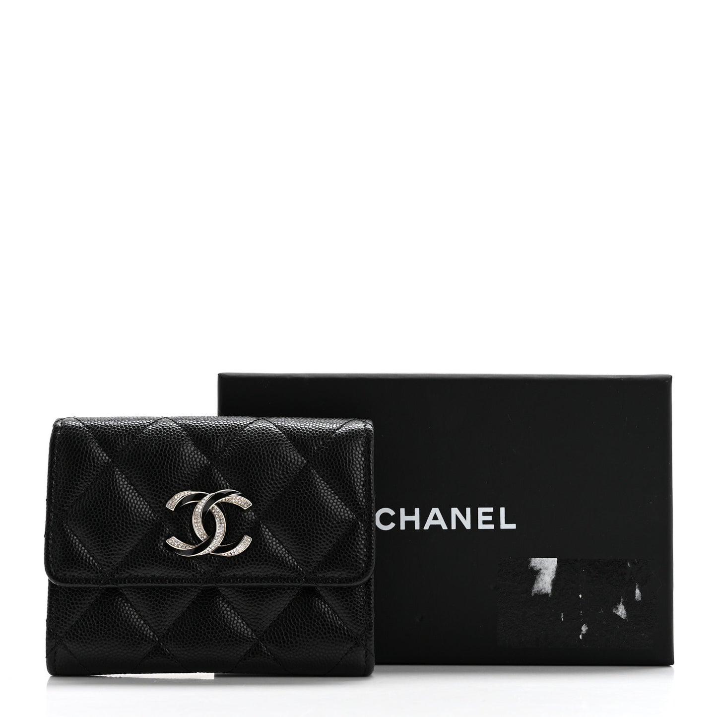 Caviar Quilted Crystal Enamel CC Flap Card Holder Black