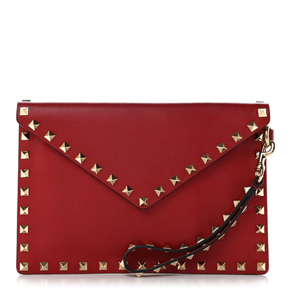 Valentino Garavani Vitello Medium Rockstud Envelope Flat Wristlet Pouch Red 1 of 6