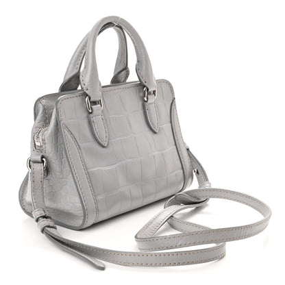 Alexander McQueen Calfskin Crocodile Embossed Mini Skull Padlock Zip Around Tote Grey 3 of 11