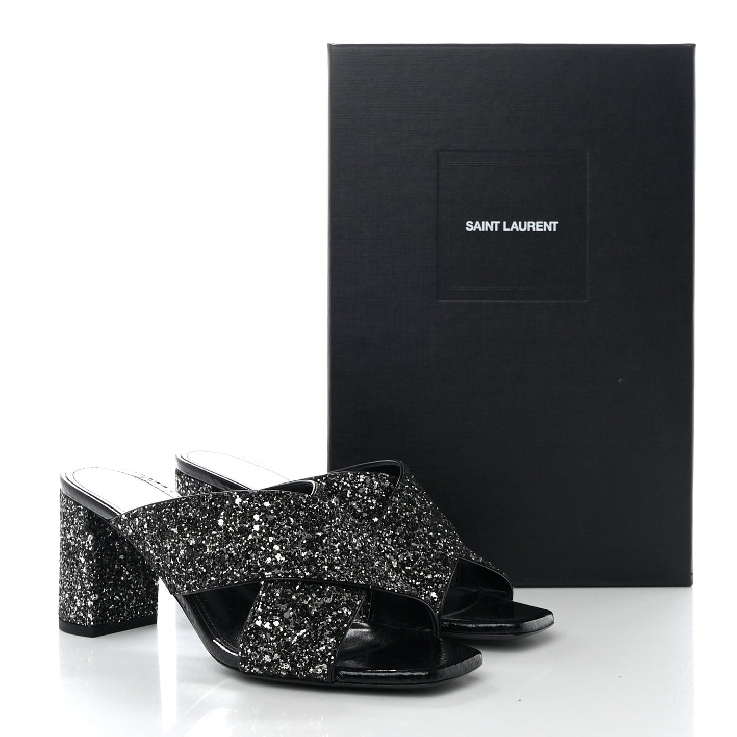 SAINT LAURENT Glitter LouLou 70 Mule Sandals 39 Black